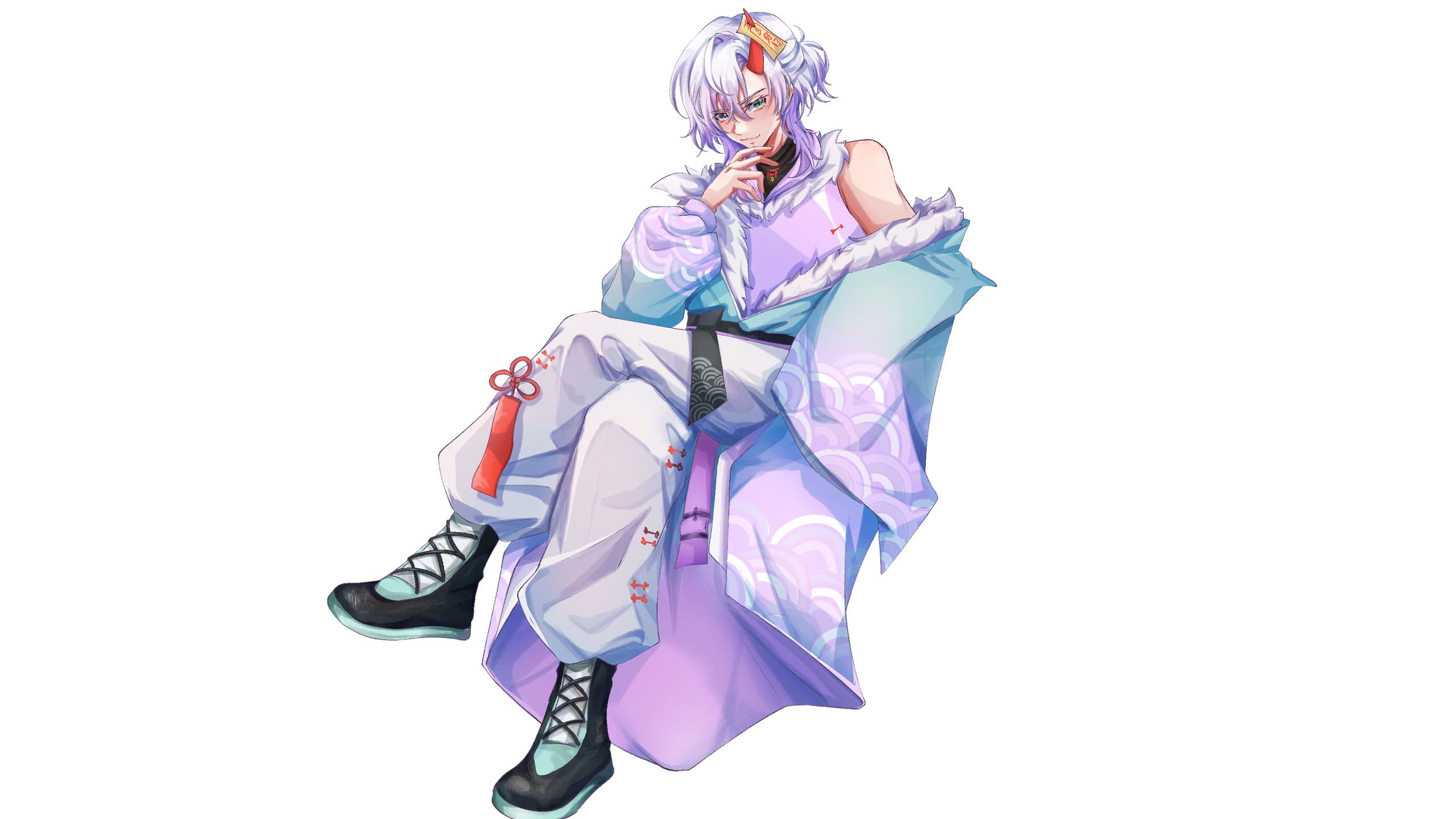 Mikira sitting cross-legged in a desk chair surrounded by floating green holo screens
